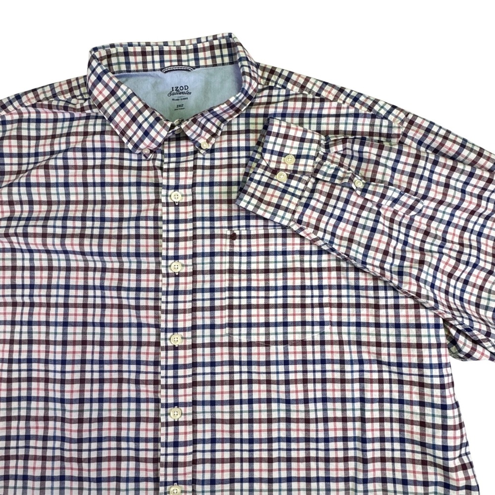 IZOD Saltwater Button Down Shirt Men's 2XLT Relaxed Classics Plaid Navy Burgundy